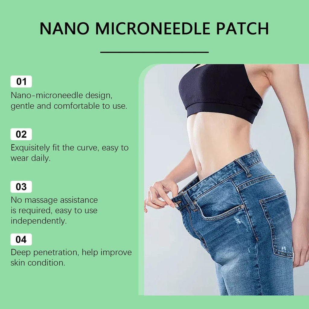 Four slimming microneedle patches with ginger and mugwort root ingredients on a backing card.