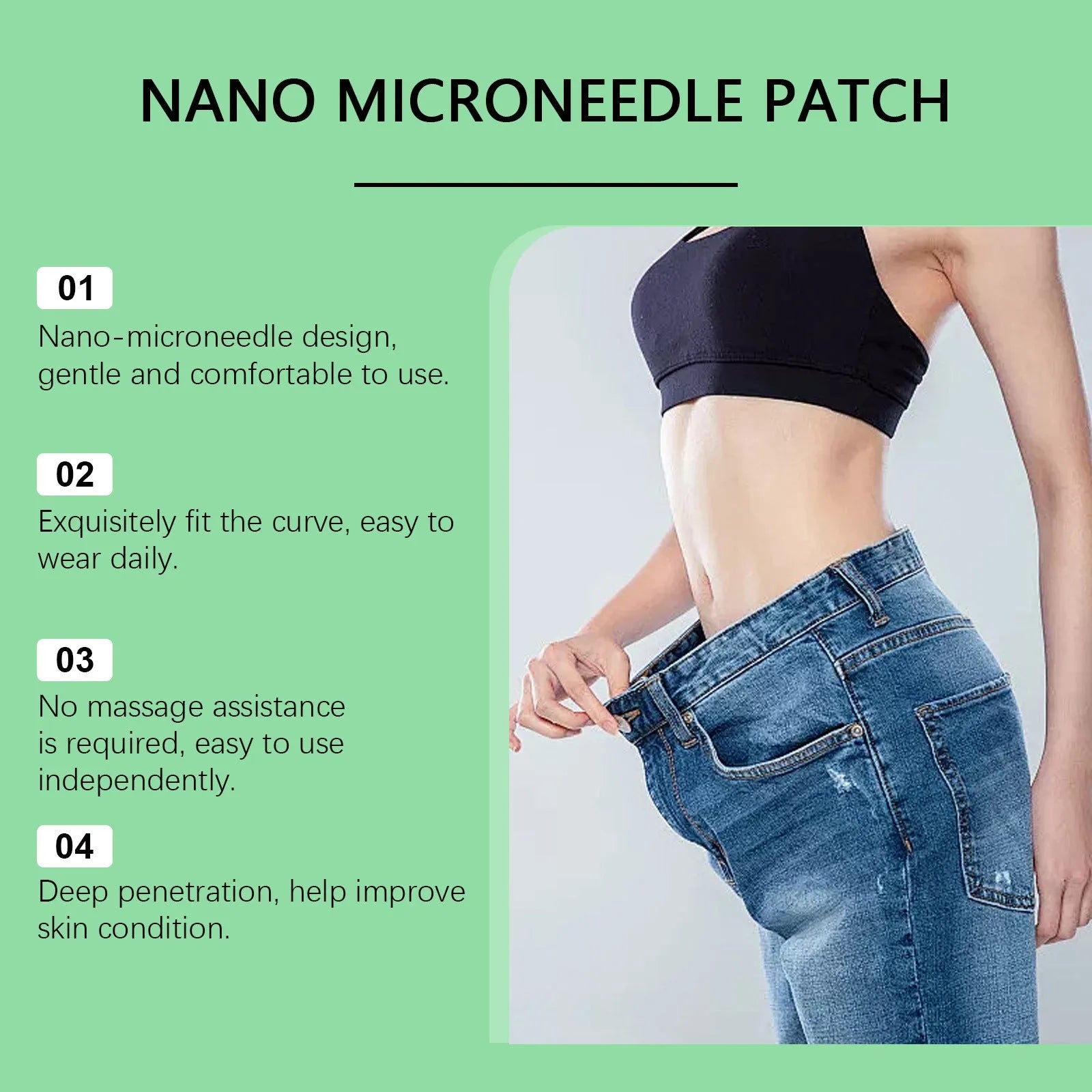 Four slimming microneedle patches with ginger and mugwort root ingredients on a backing card.