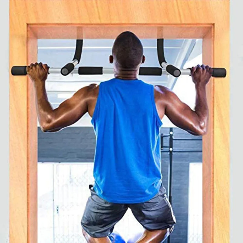 Black steel pipe indoor pull-up bar mounted on door frame for single and double poles exercises