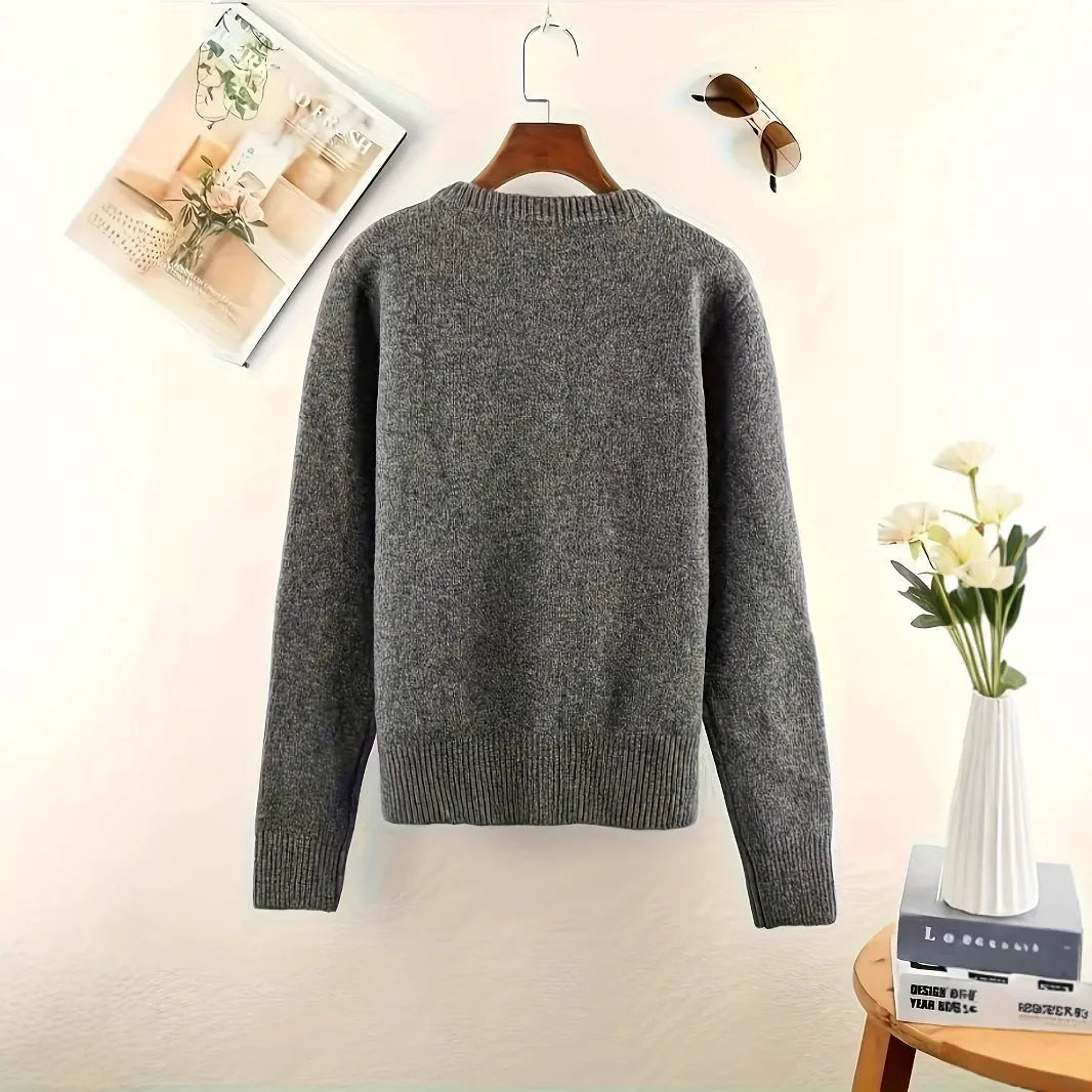 Dark grey women's polyester cardigan sweater with buttons and long sleeves on a hanger.