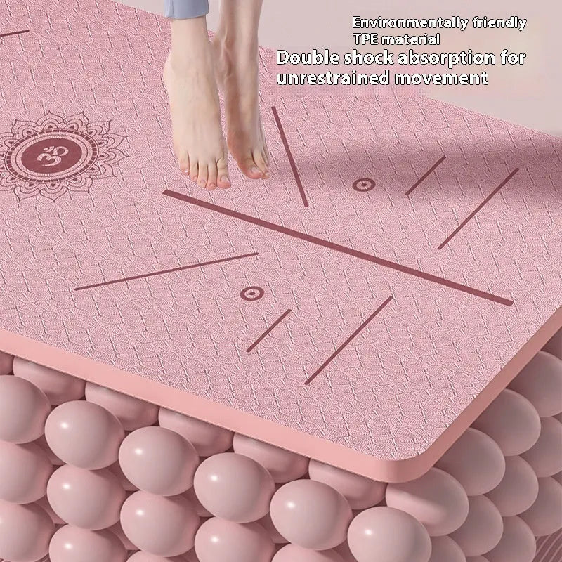 Non-slip TPE fitness training mat showing alignment guide lines, available in multiple colours.
