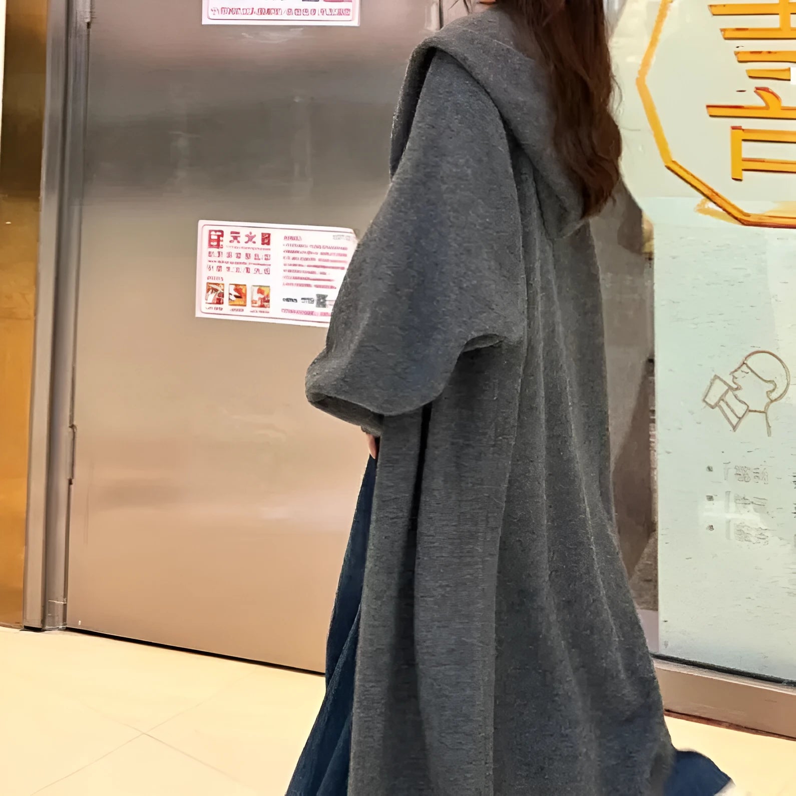 Korean-style long hooded cardigan for women in a wool blend, shown in a neutral colour.