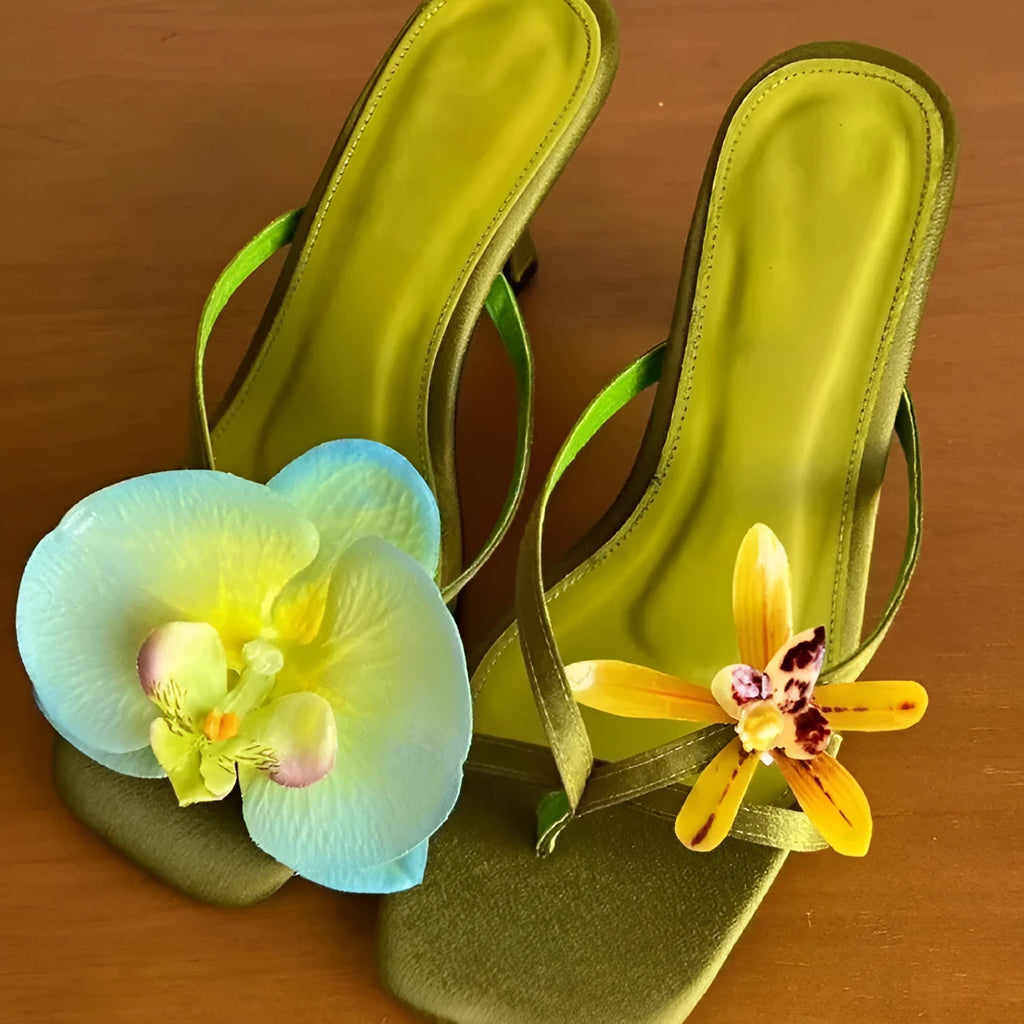 Handmade women's asymmetric flower high-heel sandals in calf leather with a square toe
