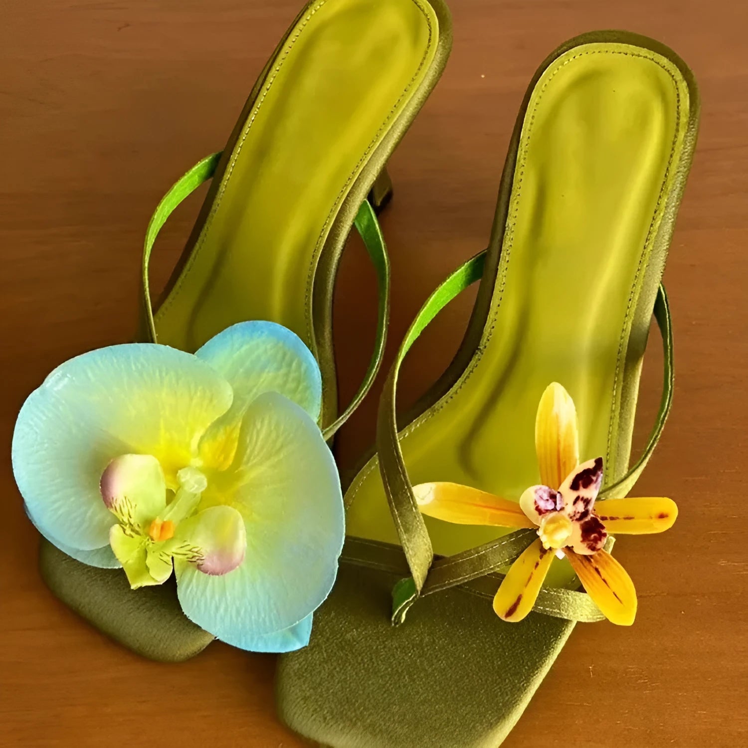 Handmade women's asymmetric flower high-heel sandals in calf leather with a square toe