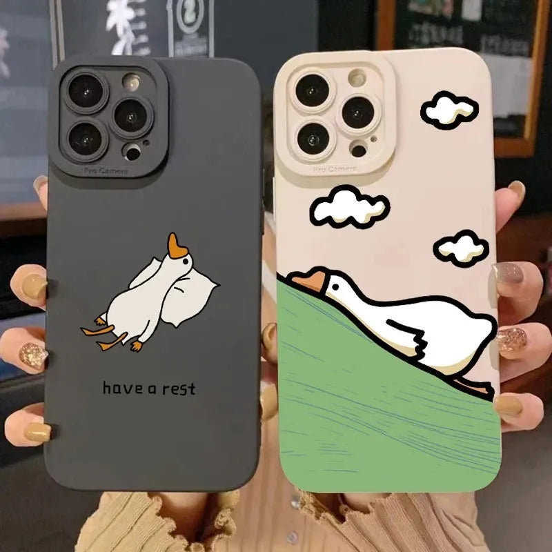 Black silicone iPhone case with a carved cartoon duck design on the back
