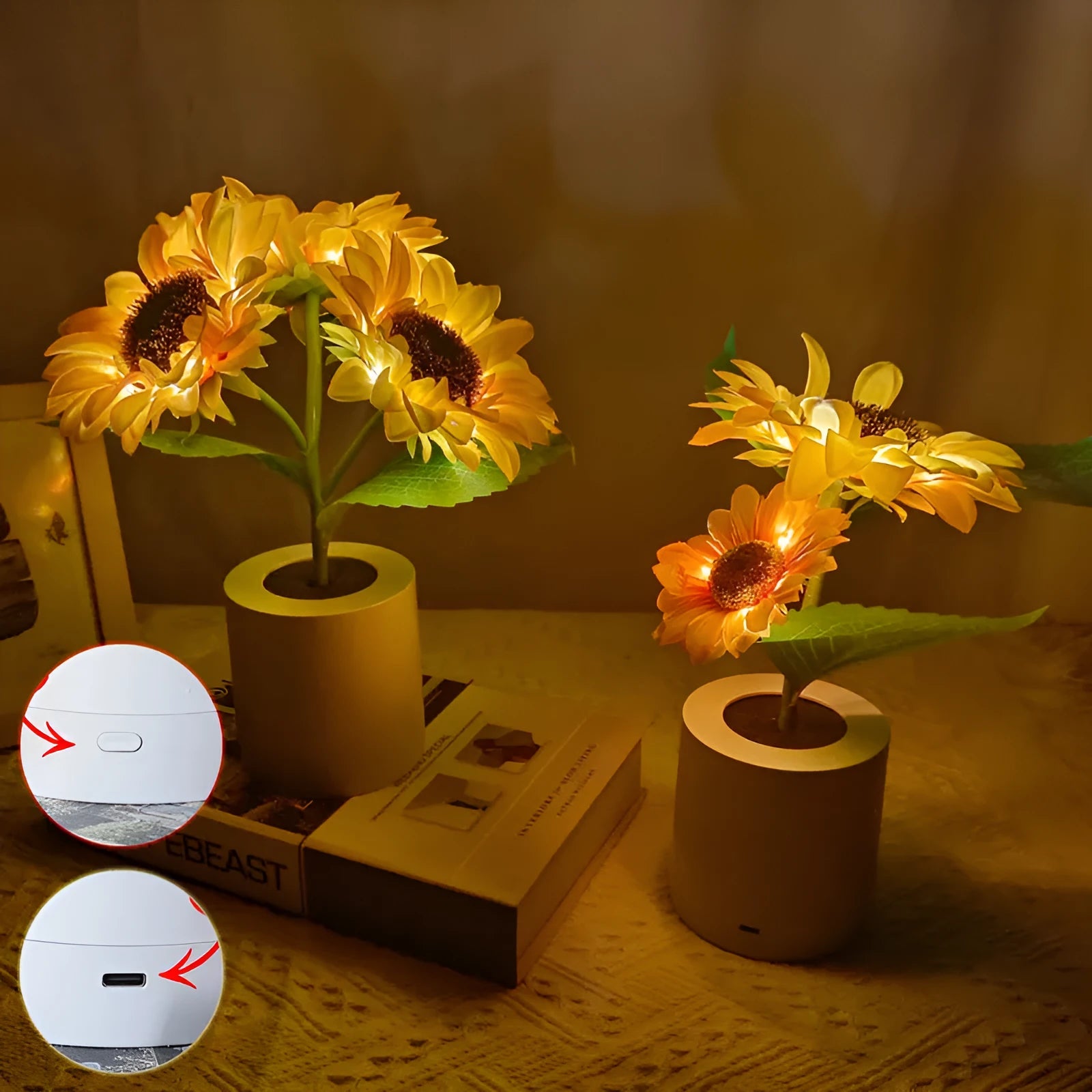 Rechargeable artificial sunflower LED night light on a table with USB cable.
