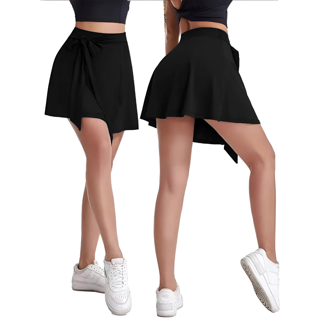 Black unisex thigh-length sports skirt culottes with built-in shorts and high waist design.