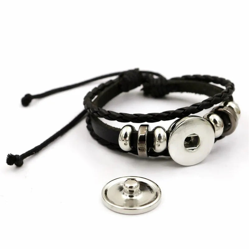 Luminous sun and moon couple leather bracelet on black background, showing glass pattern and adjustable chain