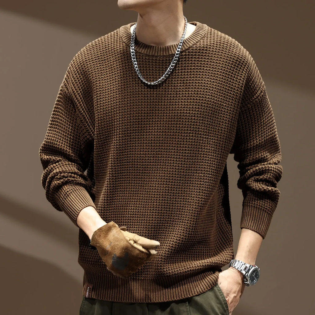 Men's loose fit cotton round neck sweater in dark coffee, thick needle retro knit, long sleeve pullover