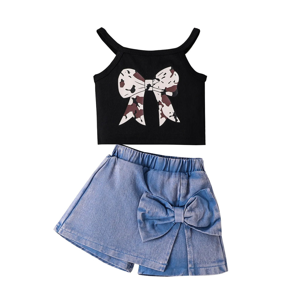 Blue cotton bow print sling pantskirt suit for girls, sleeveless pullover summer outfit