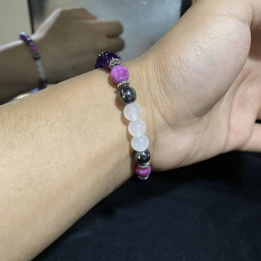 Amethyst purple mica hematite white crystal bracelet with 8mm natural stone beads and coloured glaze, unisex style