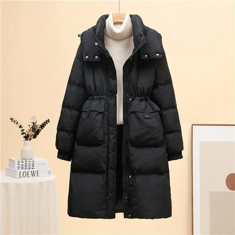 Women's mid-length duck down jacket, 80cm below-knee loose coat in six colours, sizes S to M
