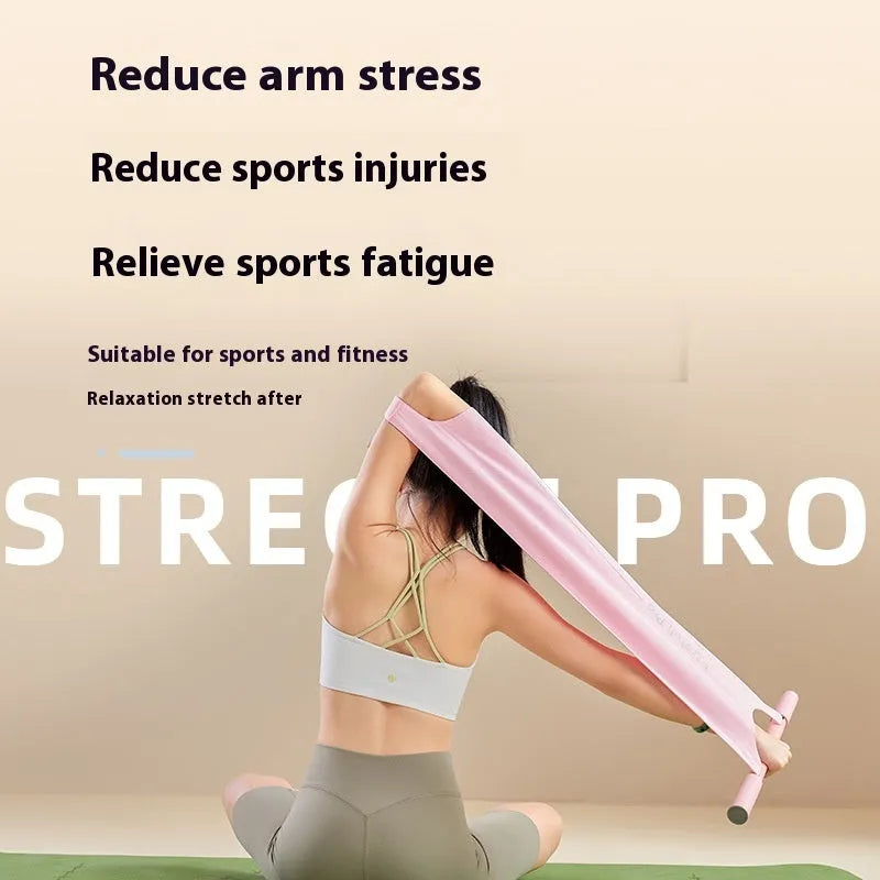 Grey and pink yoga stretching tool for shoulder, back, and hip flexibility exercises