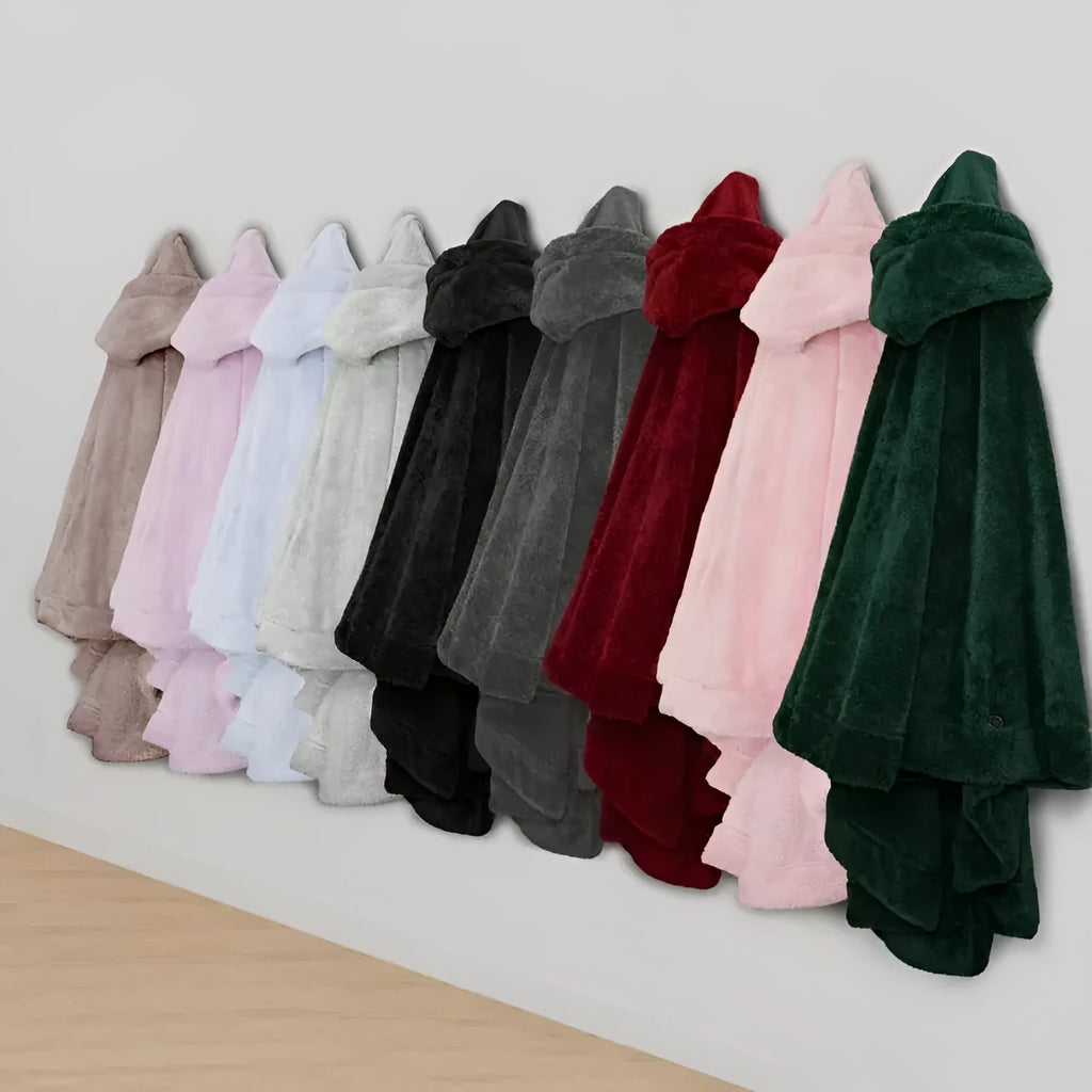 A thick hooded bathrobe in dark grey, shown hanging, with long sleeves and a cardigan front.