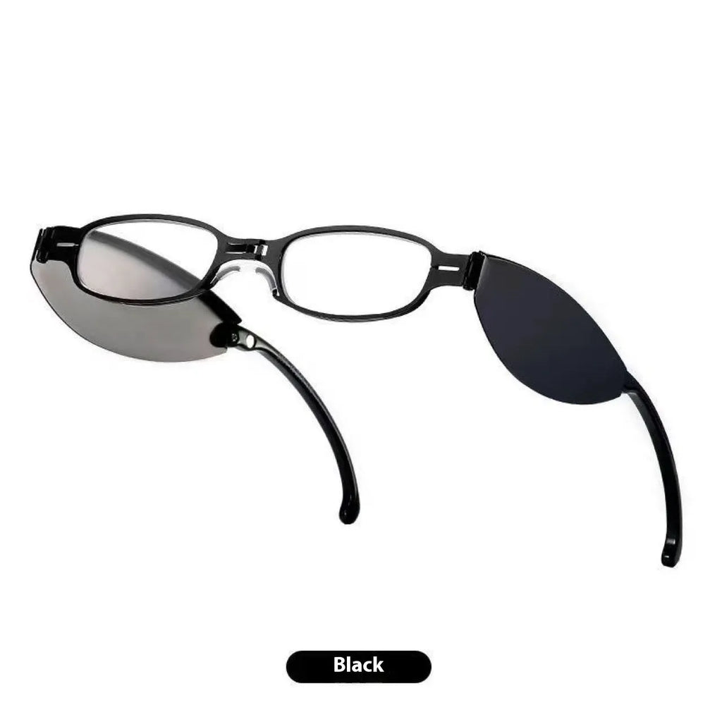 Man's folding pocket presbyopic glasses with retro ring frame in black, shown open and folded.