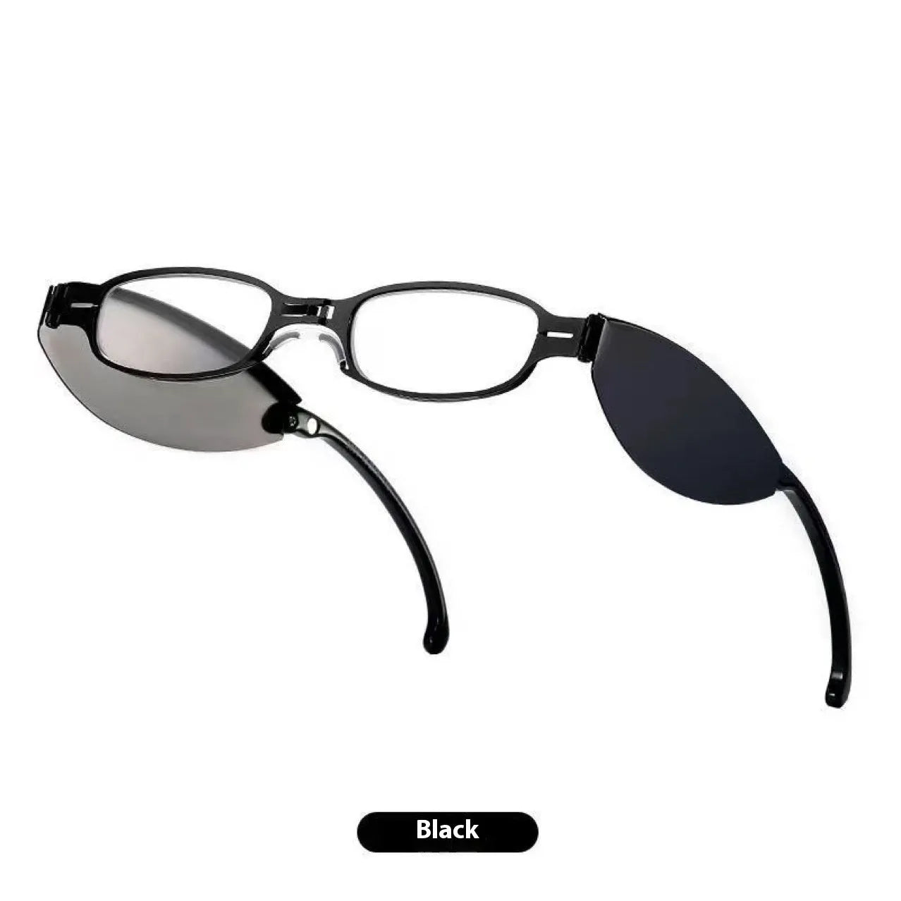 Man's folding pocket presbyopic glasses with retro ring frame in black, shown open and folded.
