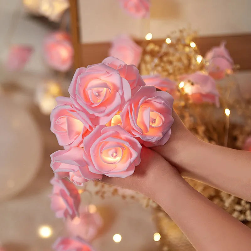 Battery-powered LED rose light string with ten artificial foam roses for indoor holiday decoration