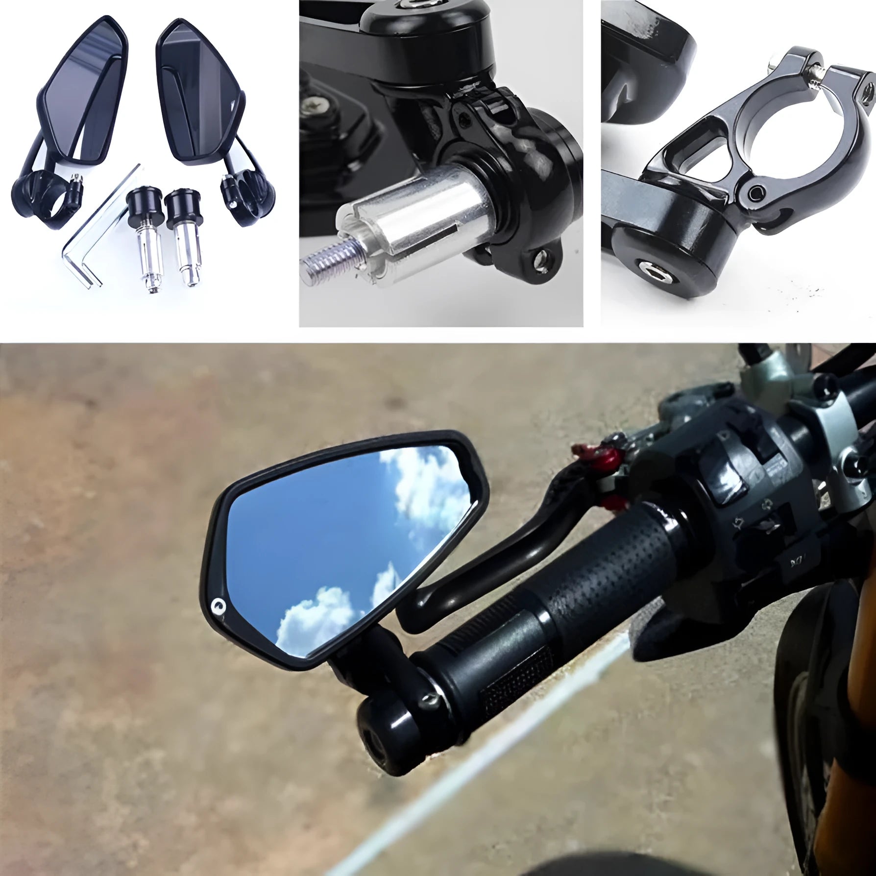 Motorcycle CNC aluminium rear view mirror in black with blue glass, 22mm handlebar fit