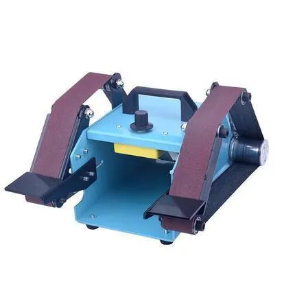 Blue desktop dual-axis belt sander for sharpening knives and tools with variable speed control.