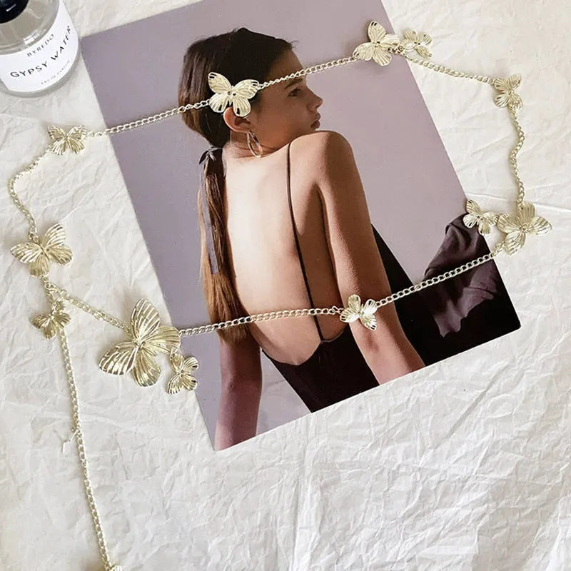 Alloy waist chain with butterfly design in gold or silver colour, 104cm length