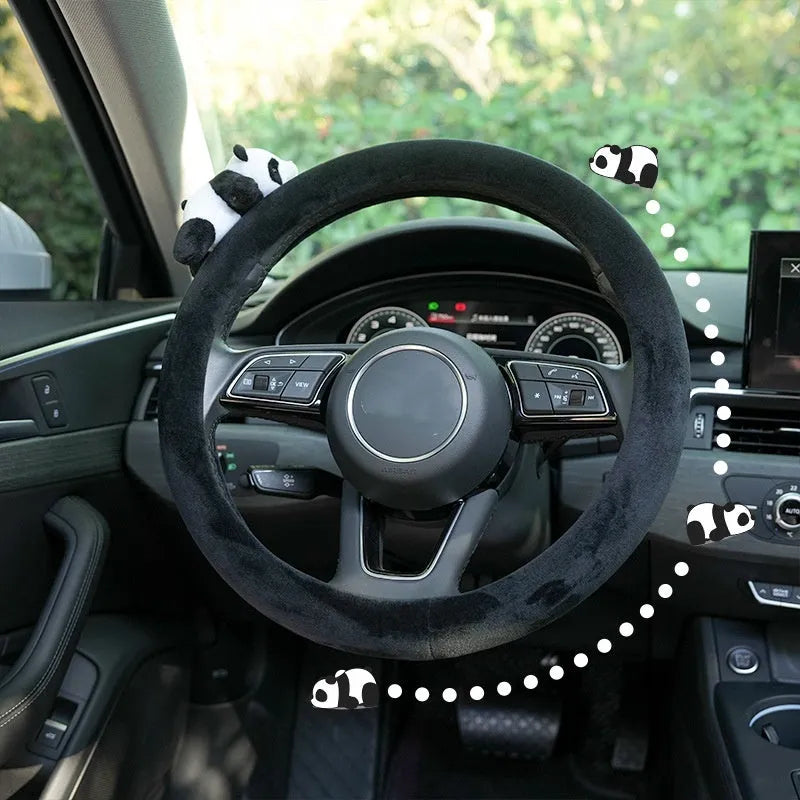 Black plush panda themed car steering wheel cover and matching shoulder pad set