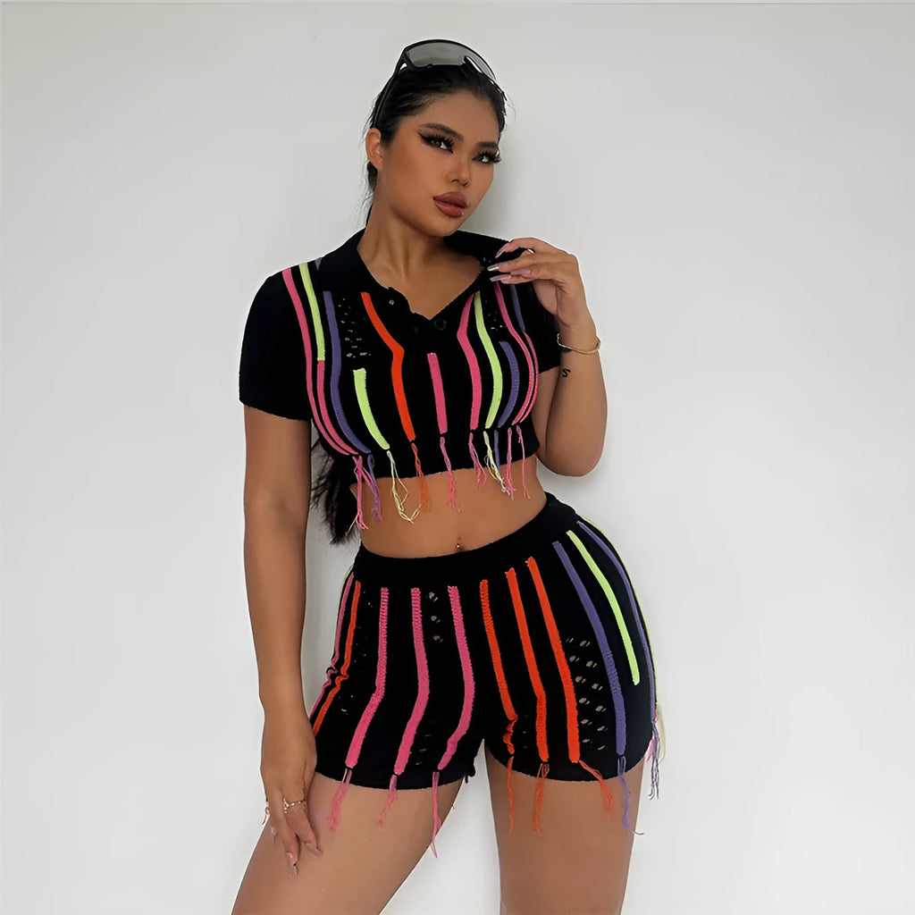 Black women's high waist sheath slim fit suit set with sleeveless top and shorts in polyester fiber