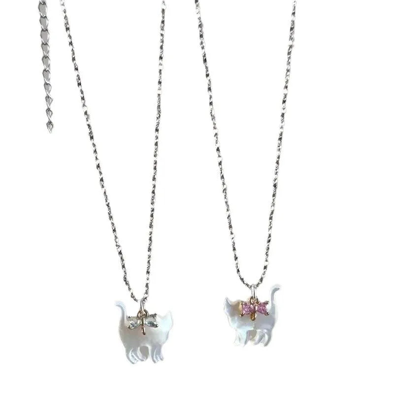 Cat pendant necklace with transparent rhinestones, silver plated water wave chain, white or pink colour option
