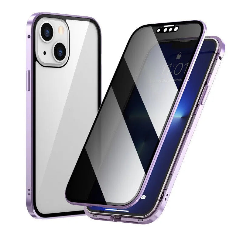 Black Magneto privacy phone case with metal frame for iPhone, showing anti-peep screen protector.