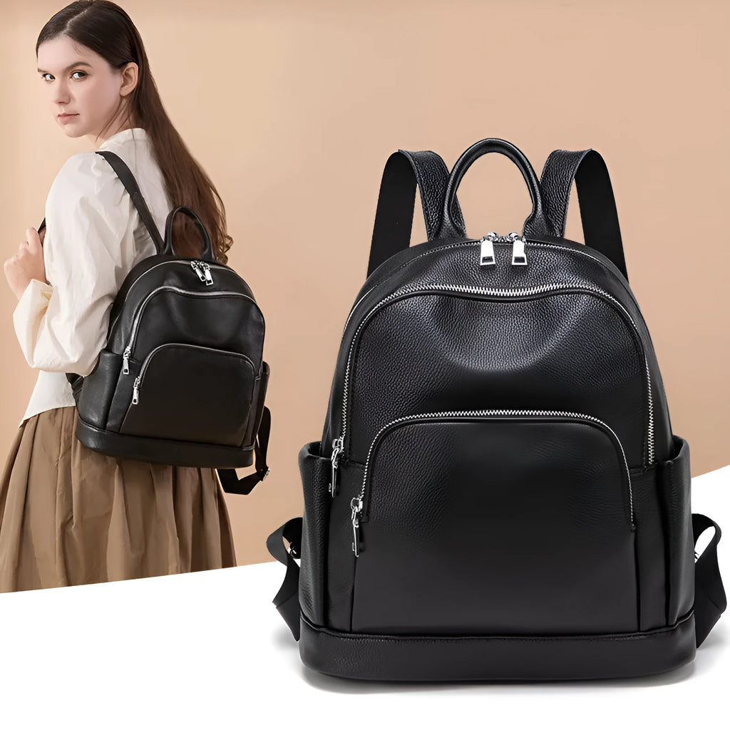 Soft PU leather women's large capacity backpack in black, tan or coffee purple with anti-theft zip and slit pocket