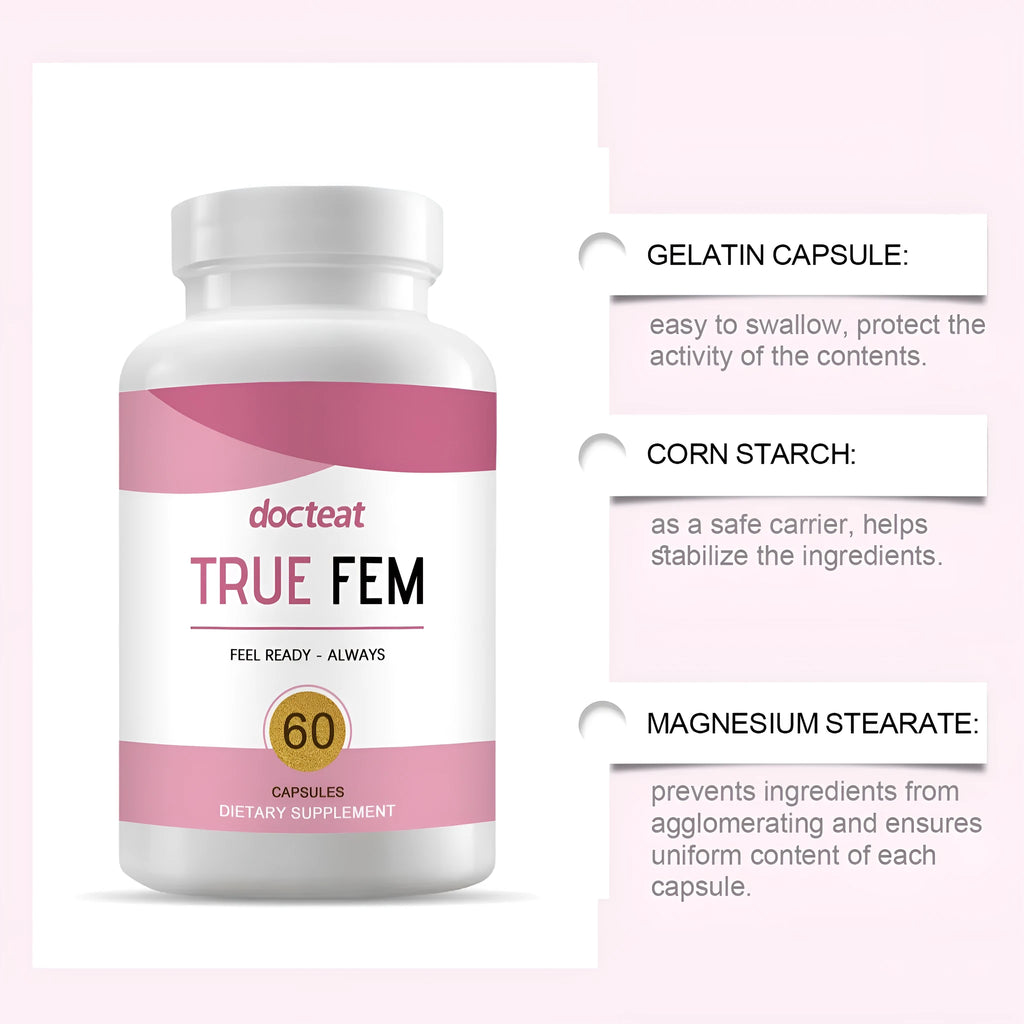 Female care herbal supplement capsules with plant extracts including fenugreek and black cohosh