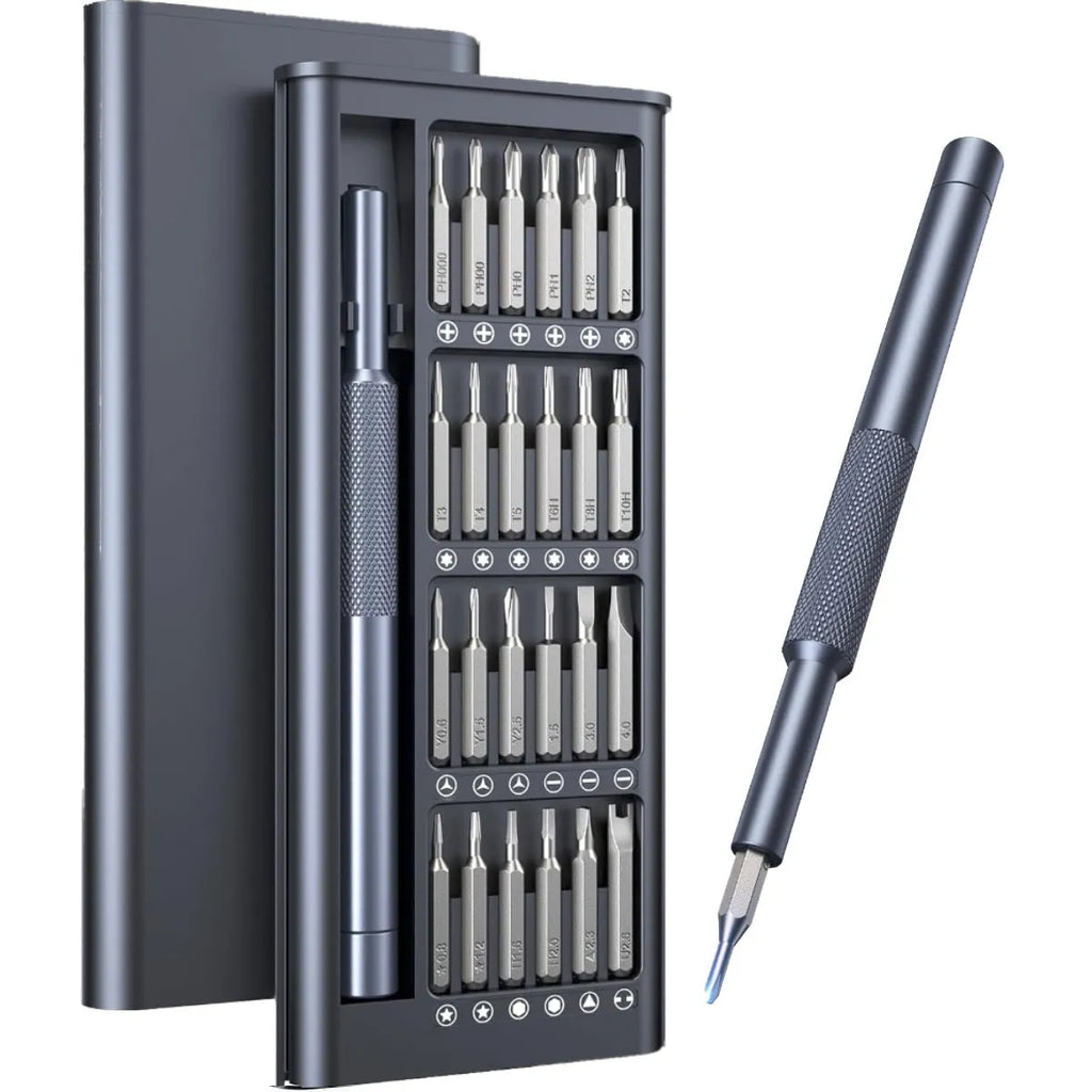 25-in-one precision screwdriver set with magnetic bits and knurled black handle.