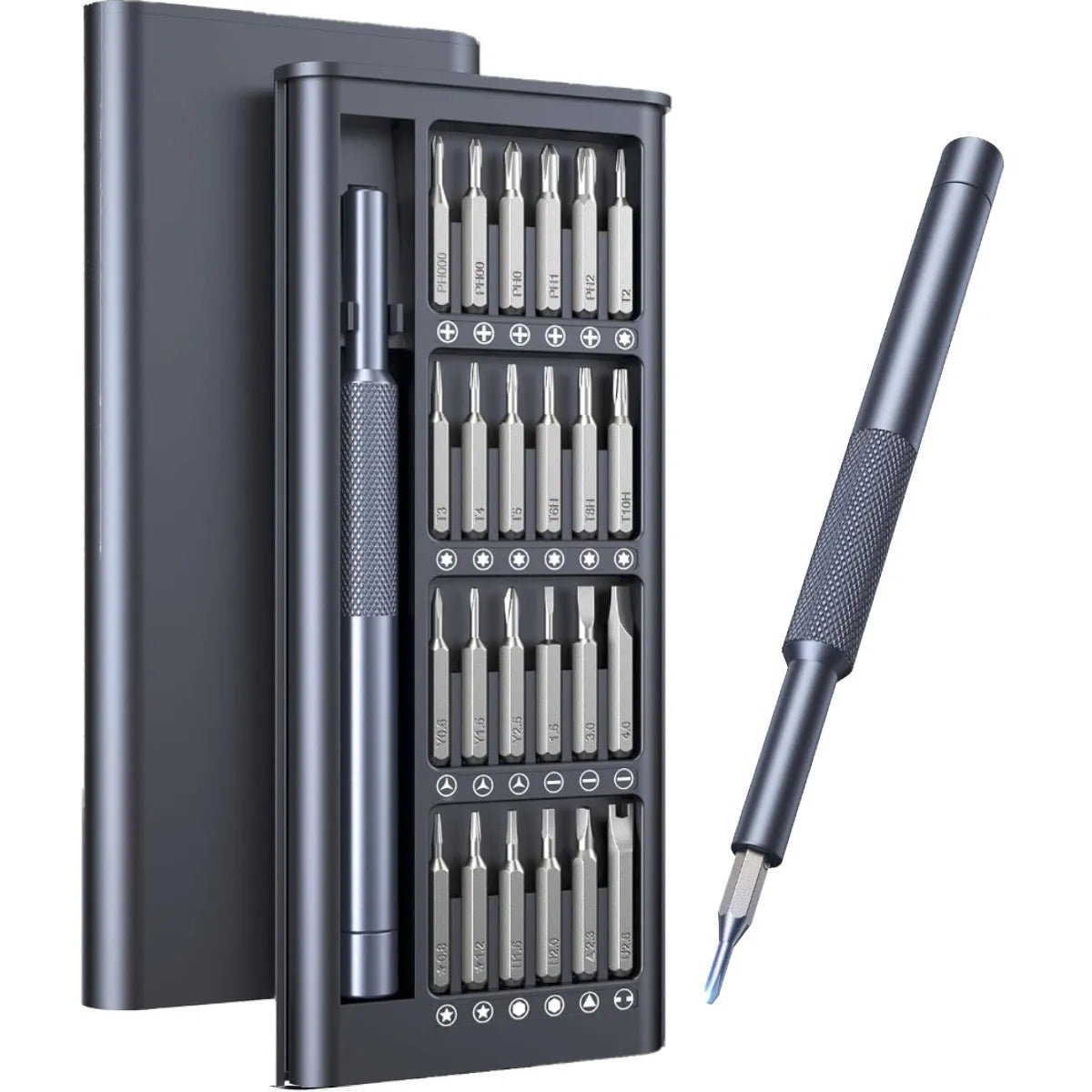 25-in-one precision screwdriver set with magnetic bits and knurled black handle.
