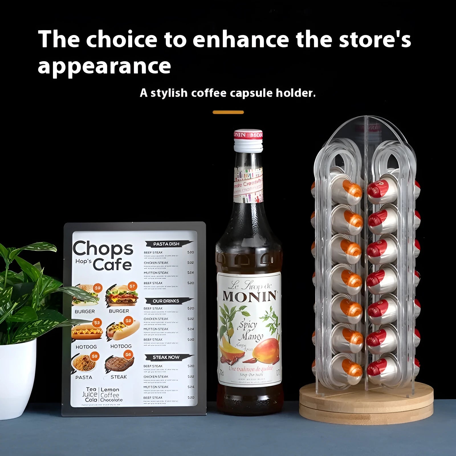 Acrylic rotatable coffee capsule storage rack in solid colour with pad glaze surface