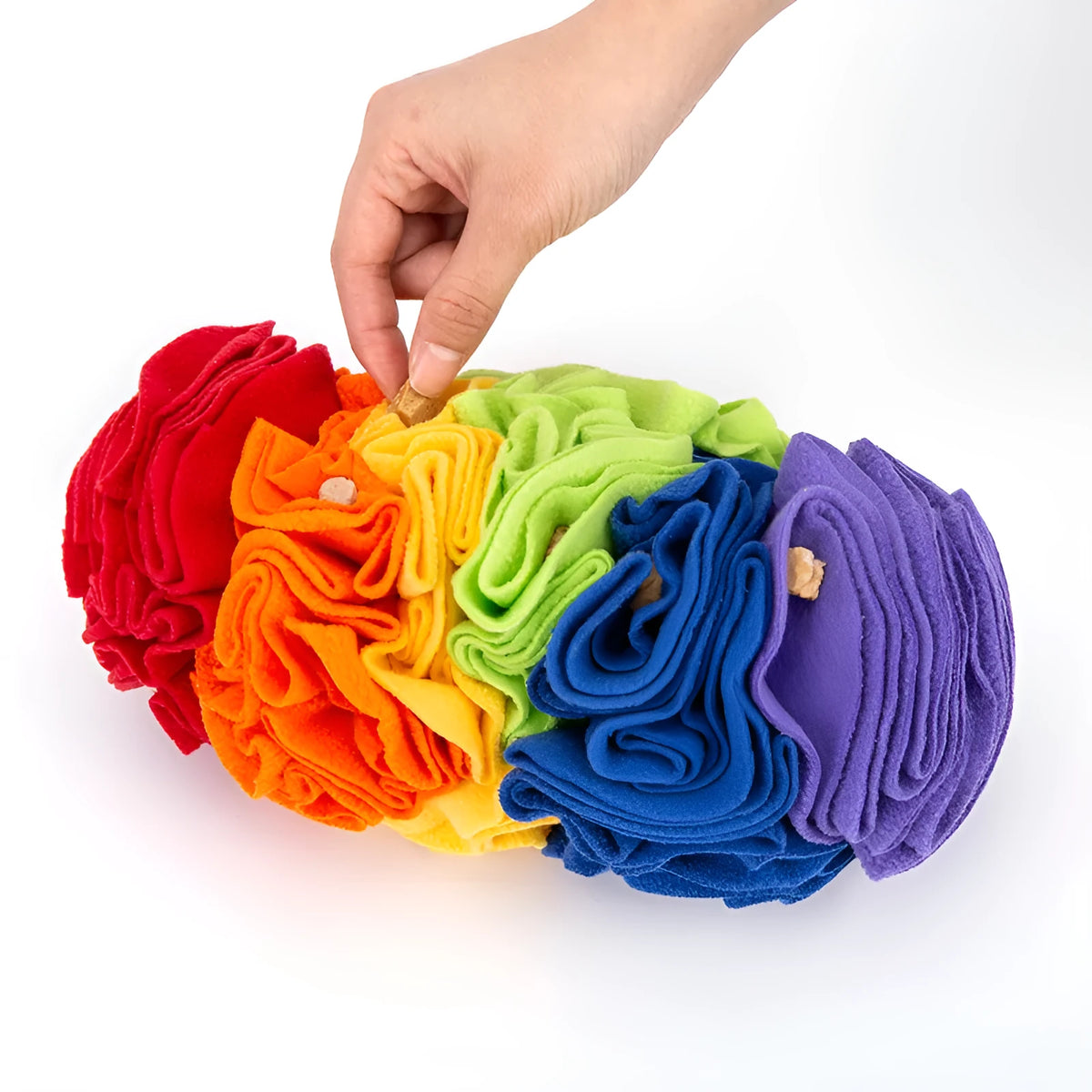 Dog snuffle pad made from polar fleece in rainbow colour, size 25x15cm, with treats hidden in fleece strips