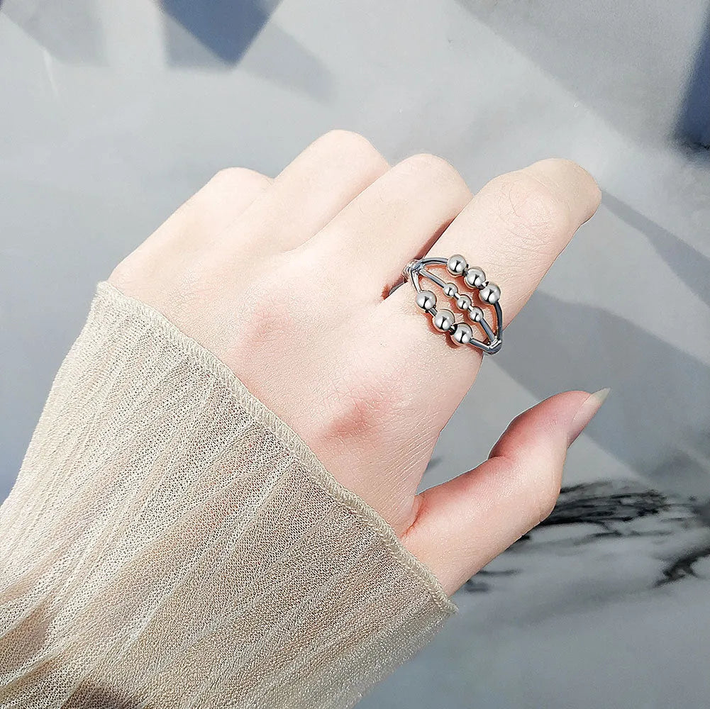 Adjustable open ring in white gold colour with three-layer beaded geometric design and copper electroplated finish
