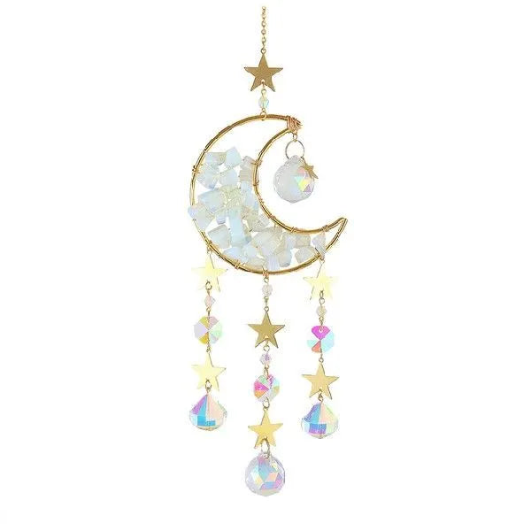 K9 crystal moon-shaped car pendant on a long cable for rear-view mirrors, shown in blue colour.