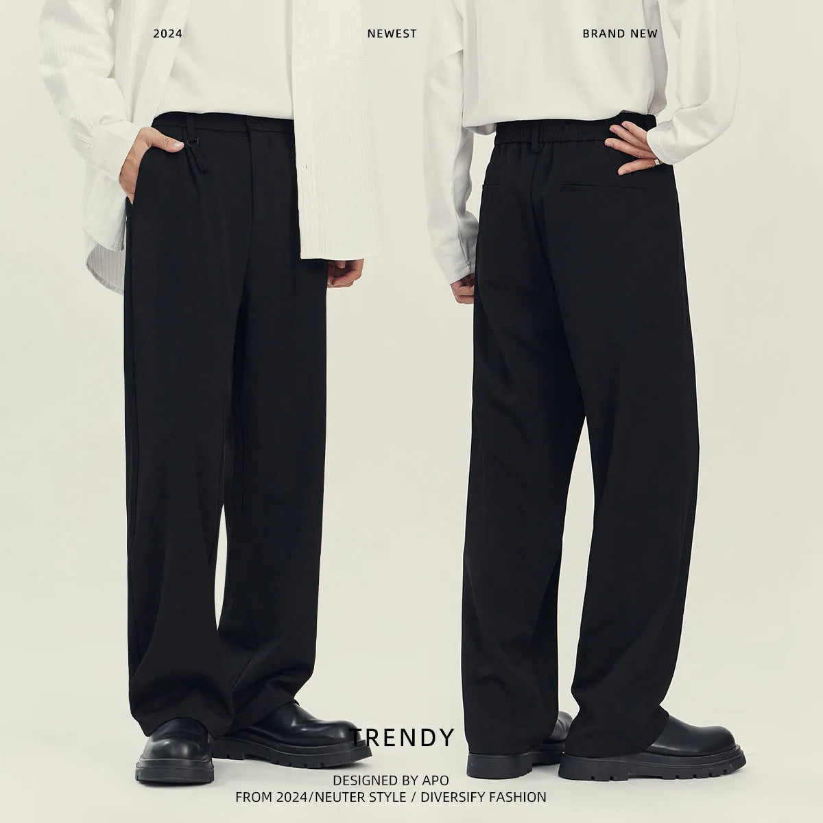 Man wearing loose straight-leg black business casual trousers made from polyester blend fabric.