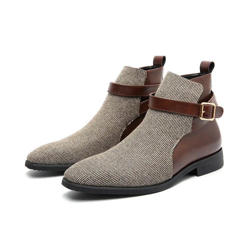 Men's high top retro platform work boots in beige or blue with rubber sole and front lace-up fastening