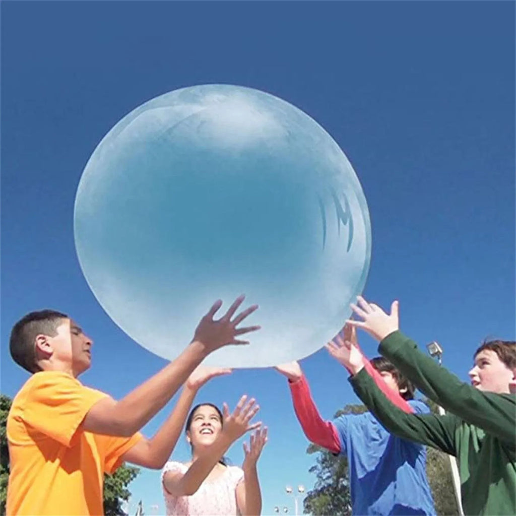 Assortment of large pink, yellow, green, and blue inflatable bubble balls in various sizes.