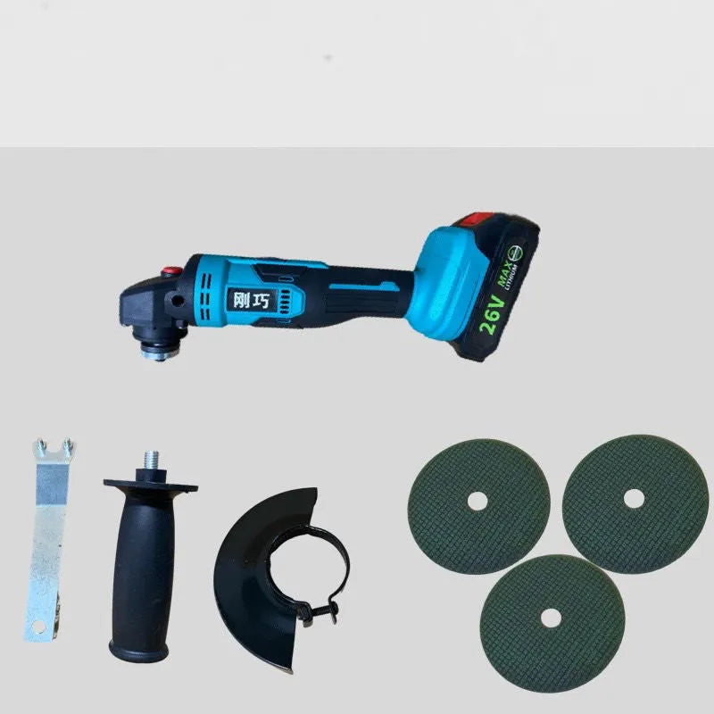Mini cordless angle grinder with rechargeable 26V lithium battery and three saw blades on a work surface