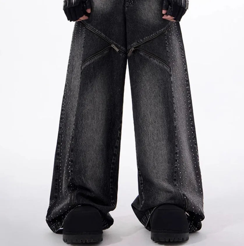 Black and grey Korean-style wide leg denim trousers with matching vest top laid flat.