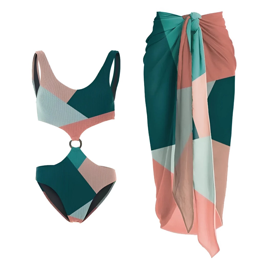 Contrast colour two-piece bikini with matching mesh gauze skirt on a model.