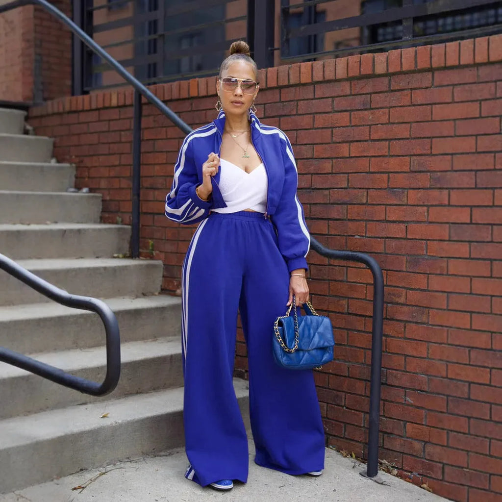 Striped zipper sweater and trousers two-piece set in street hipster style