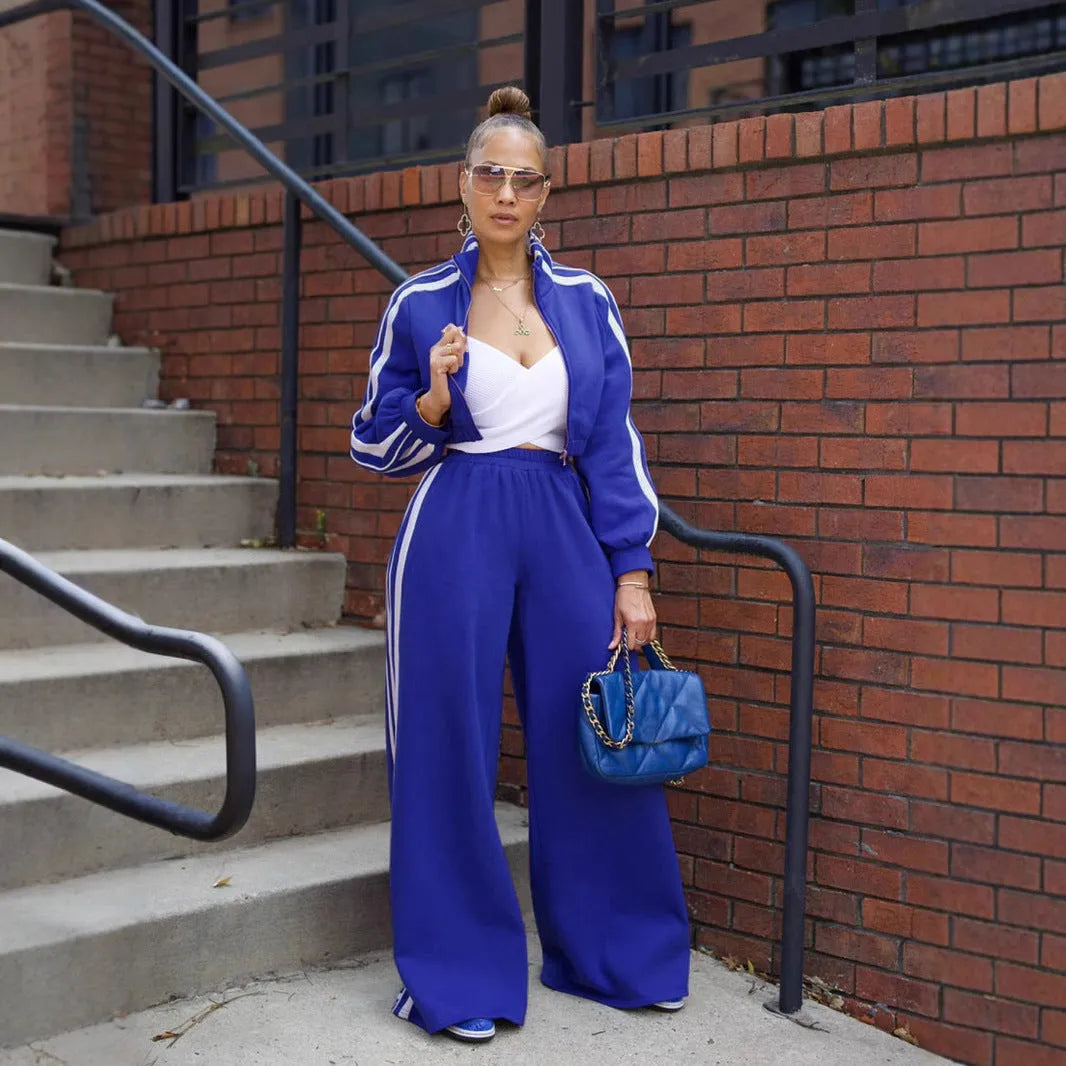 Striped zipper sweater and trousers two-piece set in street hipster style