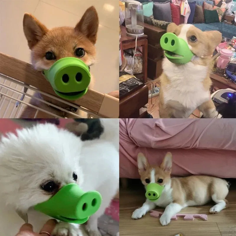 Blue and green silicone dog anti-bite mouth covers shown in large and small sizes.