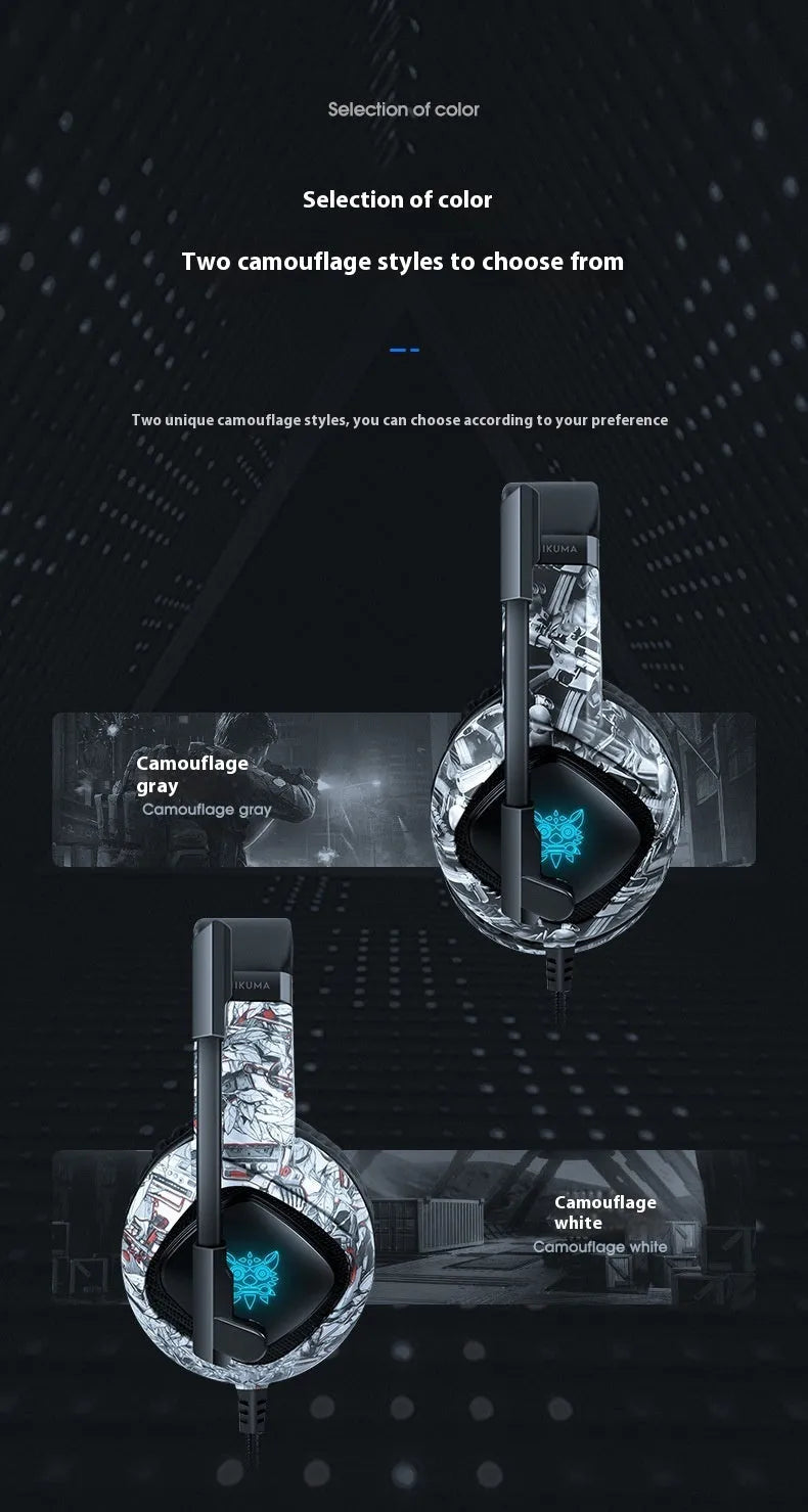Camouflage Gray wired RGB gaming headset with head-mounted design and 3.5mm plug