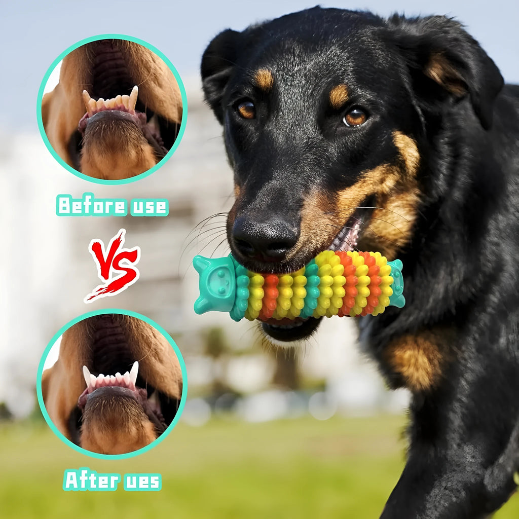 Blue rubber caterpillar-shaped dog chew toy measuring 17cm long with uneven biting surface