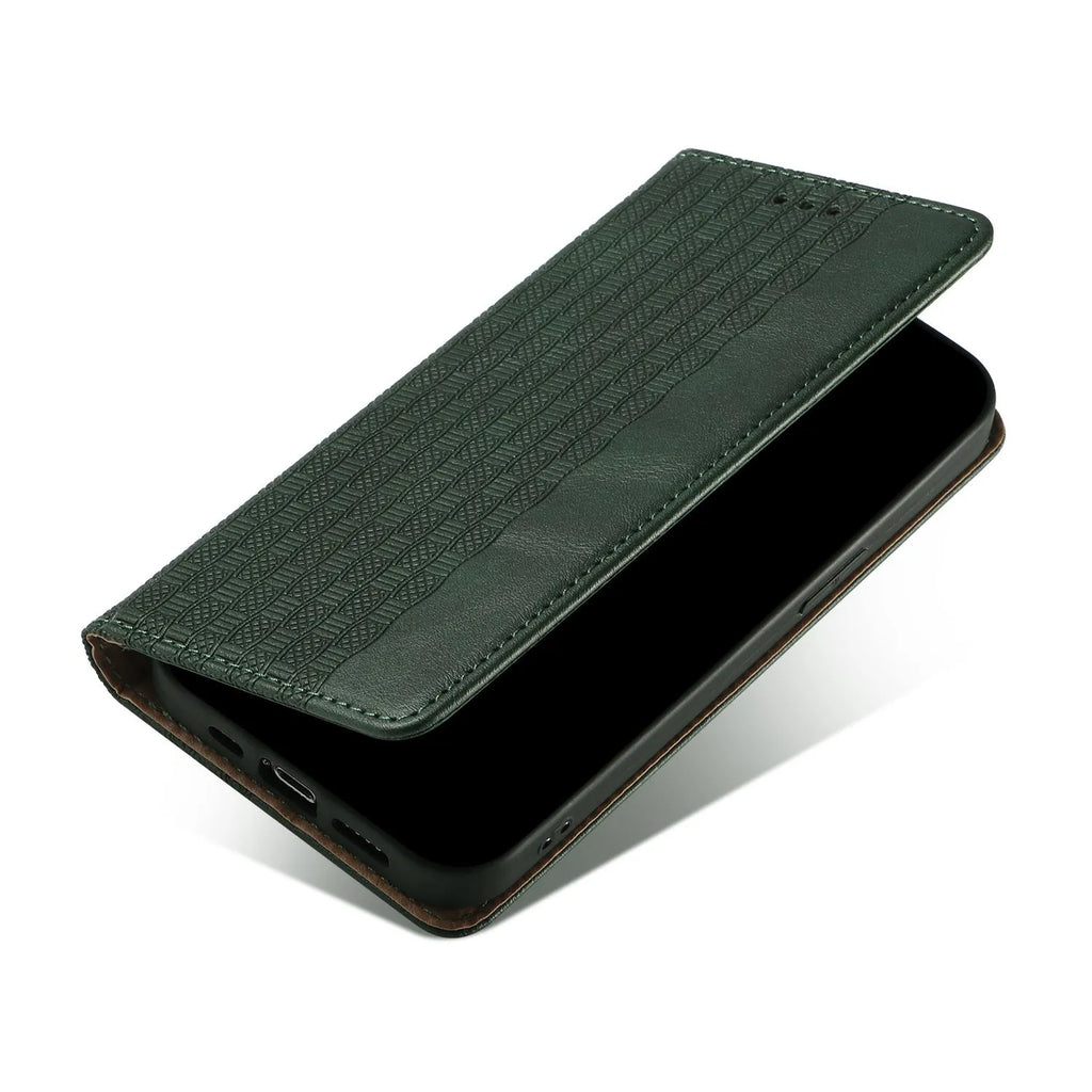 Black embossed leather pattern flip case for iPhone shown open, next to brown and blue colour options.