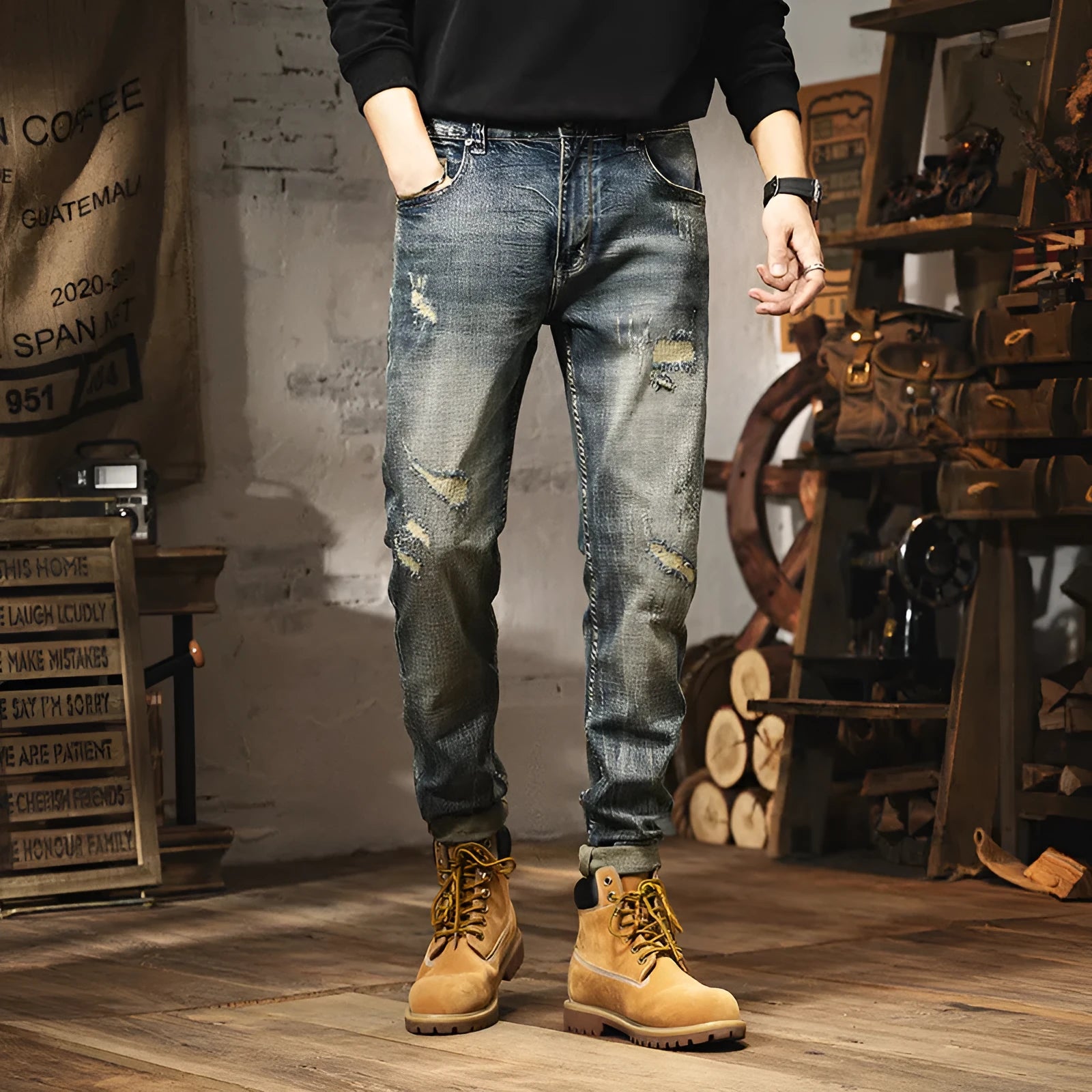 Man wearing vintage blue loose straight-leg jeans with a fleece lining and drawstring waist.