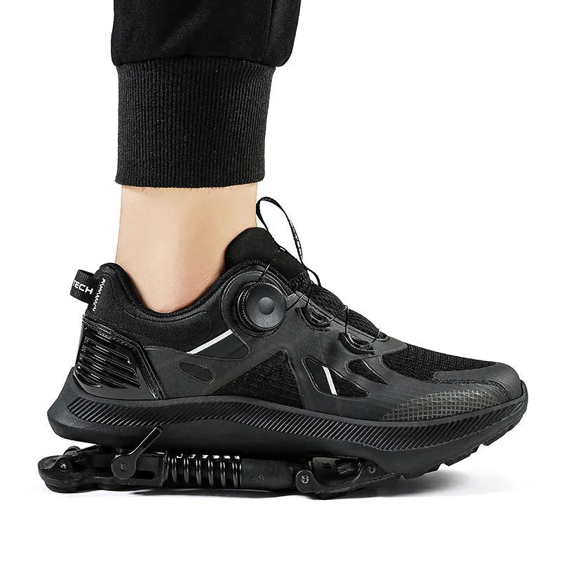 Black mid-top running shoes with buckle fastening and mesh upper design